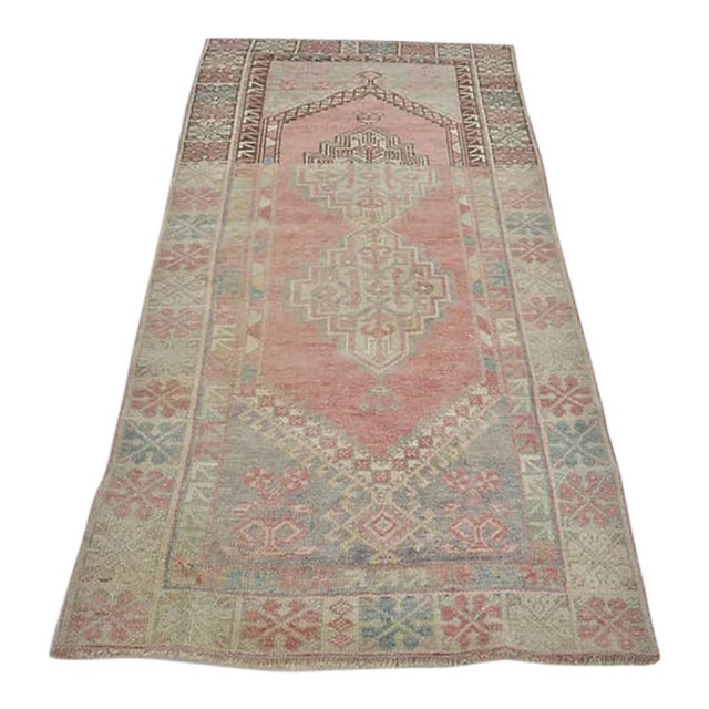 Geometric Medallion Turkish Rug, Low Pile Distressed Antique Rug For Sale