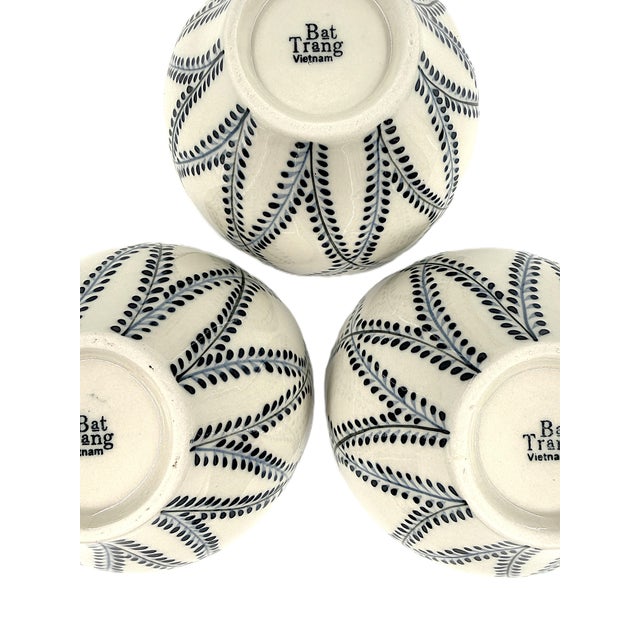 Contemporary Set of 4 Bat Trang Vietnamese Ceramic Multipurpose Bowls With Blue Hand Painted Leaf Vine Motif For Sale - Image 3 of 11