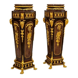 Elegant Louis XV Wood Pedestal With Marble Top, Three Drawers & Bronze Ornaments For Sale