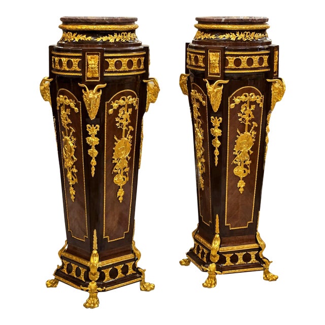 Elegant Louis XV Wood Pedestal With Marble Top, Three Drawers & Bronze Ornaments For Sale