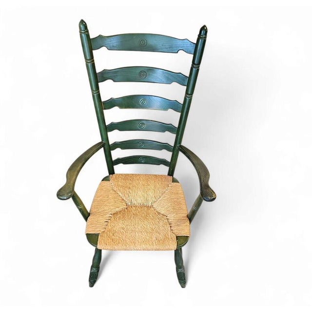 Textile Vintage High Back Ladder Chair in Green Wood with Rush Seat For Sale - Image 7 of 15