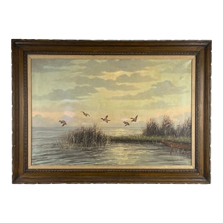 Mid 20th Century Painting Oil on Canvas “Mallards Over Marsh” by Joseph Glotzer For Sale