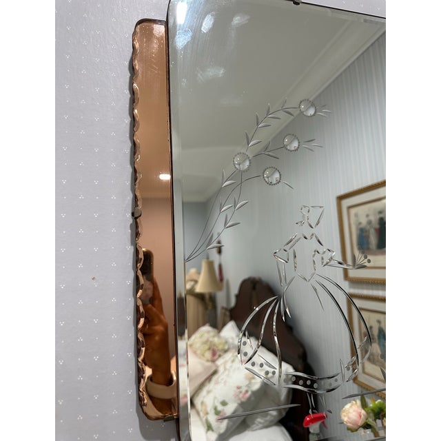 Art Deco Art Deco Peach Glass Etched Wall Mirror With Figural Design For Sale - Image 3 of 5
