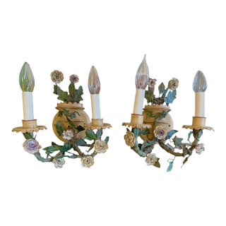 Antique French Floral Tole Wall Sconces - a Pair For Sale