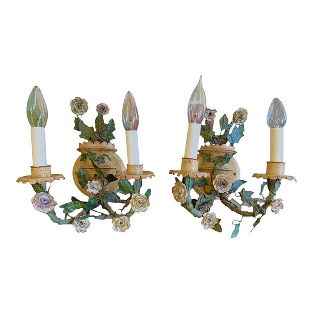Antique French Floral Tole Wall Sconces - a Pair For Sale