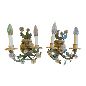 Antique French Floral Tole Wall Sconces - a Pair
