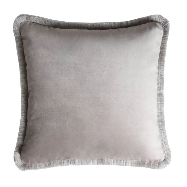 Major Collection Cushion in Grey Velvet with Fringes from Lo Decor For Sale