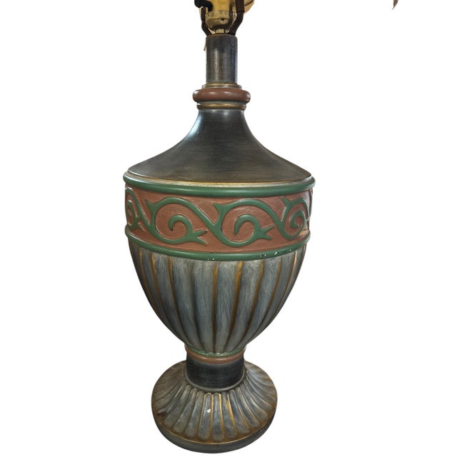 Hollywood Regency Large Hand-Painted Neoclassical Urn Table Lamp With Green & Terracotta Scrollwork For Sale - Image 3 of 5