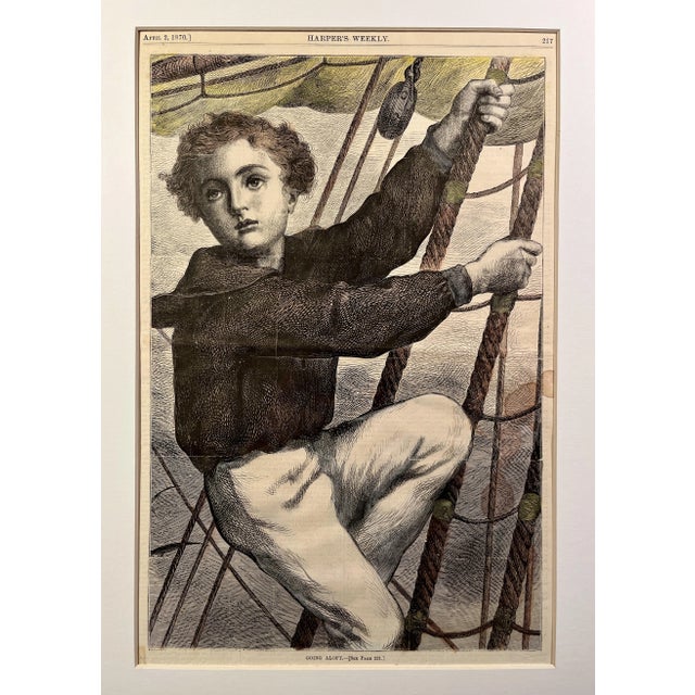 Original 1870 Antique Harpers Weekly GOING ALOFT Hand Colored Steel Engraving Aprox. dimensions: 20"H x 15.5"W Opening...