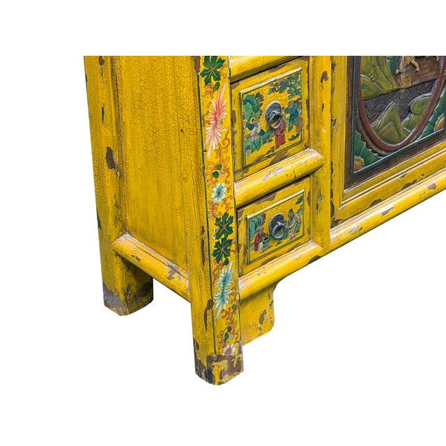 Vintage Chinese Yellow Lacquered Wood Credenza Sideboard Carved Scenic Panels For Sale - Image 11 of 18