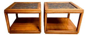 1960s Mid-Century Dunbar Style Walnut Cube End Tables With Mirrored Top - a Pair