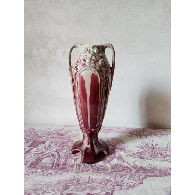 Art Nouveau Burgundy Barbotine Vase with Floral Relief, 1900s For Sale - Image 16 of 16