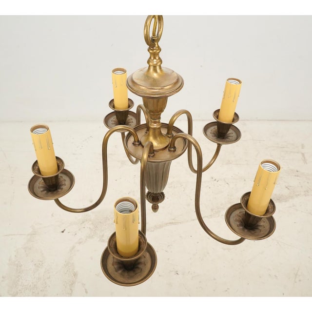 Restored Vintage Colonial Five Arm Brass Chandelier For Sale - Image 6 of 7