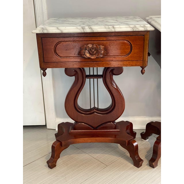 Mid 19th Century Victorian Mahogany Marble Top Harp Lyre End Tables