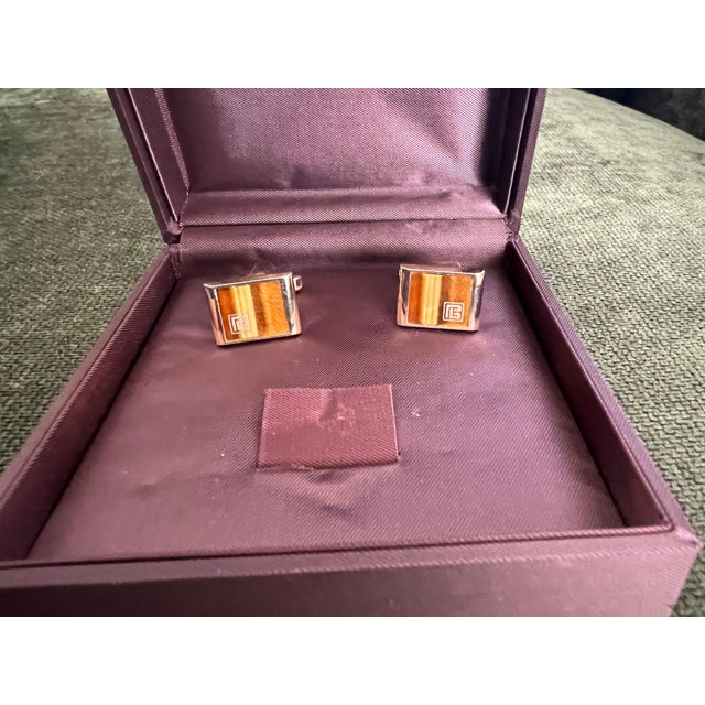 Gold Vintage Balmain "Circa 1980s" Tiger Eye Cufflinks Original Purple Satin Case For Sale - Image 8 of 18