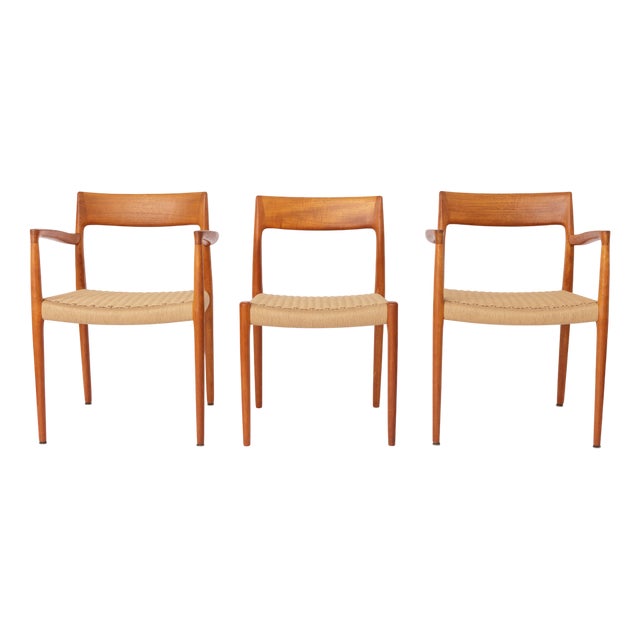 Mid-Century Modern Model 77 and 57 Dining Chairs in Teak and Cord by Niels Otto (N. O.) Møller for j.l. Møllers, Denmark, 1960s, Set of 6 For Sale