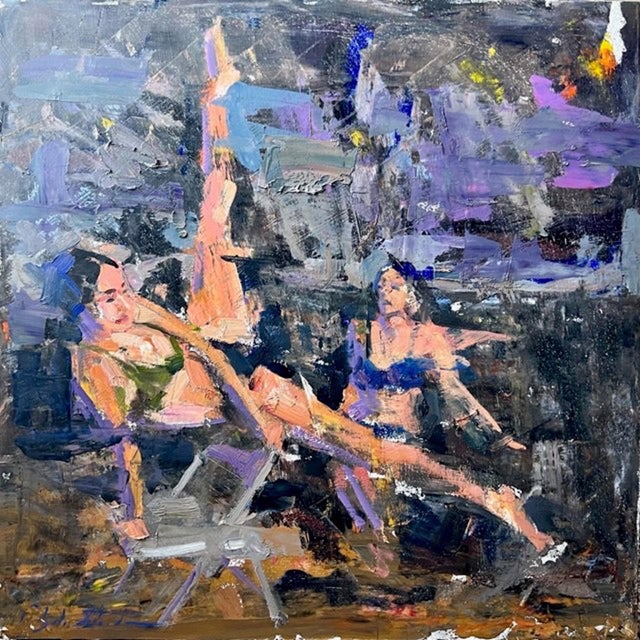 In "Slow at Dark," two figures recline in a muted, atmospheric setting, their relaxed postures contrasting with the...