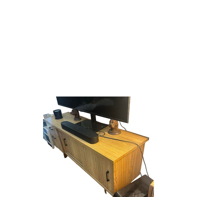 Mid-Century Modern Mid 20th Century Modern Oak Veneer Credenza or Media Console With Sliding Doors and Drawers For Sale - Image 3 of 11