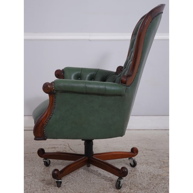 Traditional Carved Mahogany Frame Green Leather Office Desk Chair For Sale - Image 3 of 18