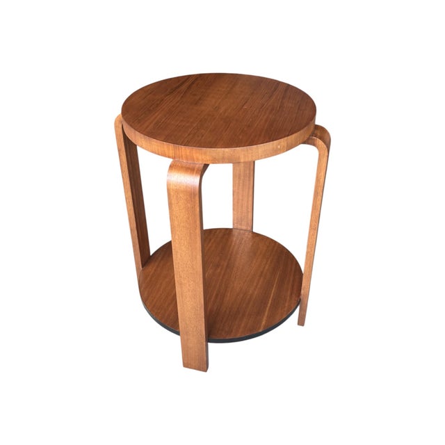 1930s French Art Deco Walnut Side Table With Sculptural Architectural Base- Fully Restored, Open Shelf For Sale - Image 4 of 15