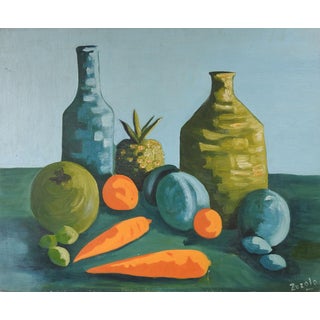 Mid Century Modernist Oranage Green & Blue Still Life Painting For Sale
