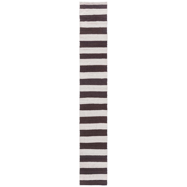 Doris Leslie Blau Vintage Striped Ivory And Charcoal Hand-Knotted Wool Runner For Sale
