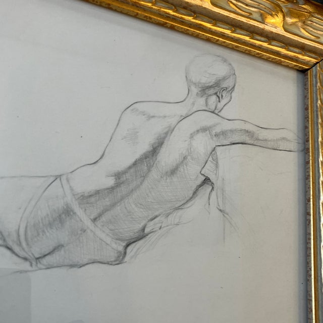 1970’s Original Male Nude Figure Study Drawing Chunky Gold Frame For Sale - Image 4 of 4