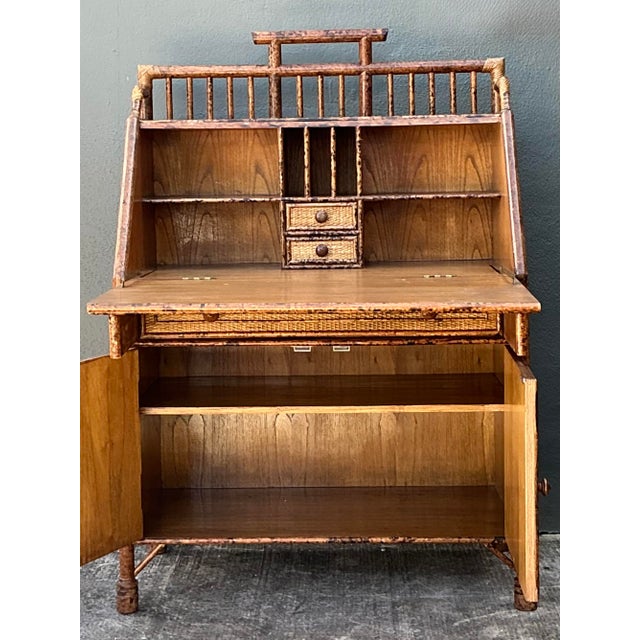 Mid-Century Modern Vintage Tortoise Burnt Rattan Drop Front Desk For Sale - Image 3 of 12