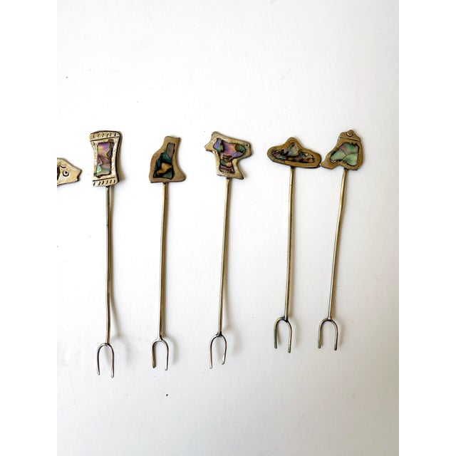 Vintage Handmade Mexican Silver & Abalone Hors D’Oeuvre Picks – Set of 12 For Sale - Image 4 of 7