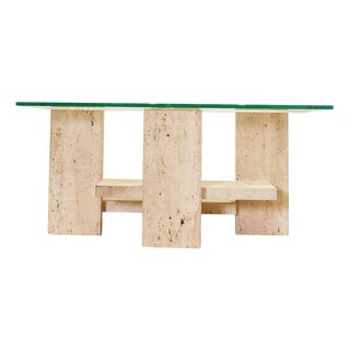 Glass and Travertine Coffee Table from Willy Ballez, 1970s For Sale