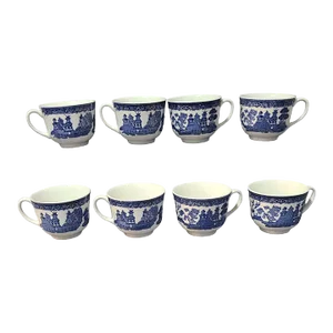 Vintage Set of 8 Chinoiserie Blue Willow Made in England Ironstone Teacups