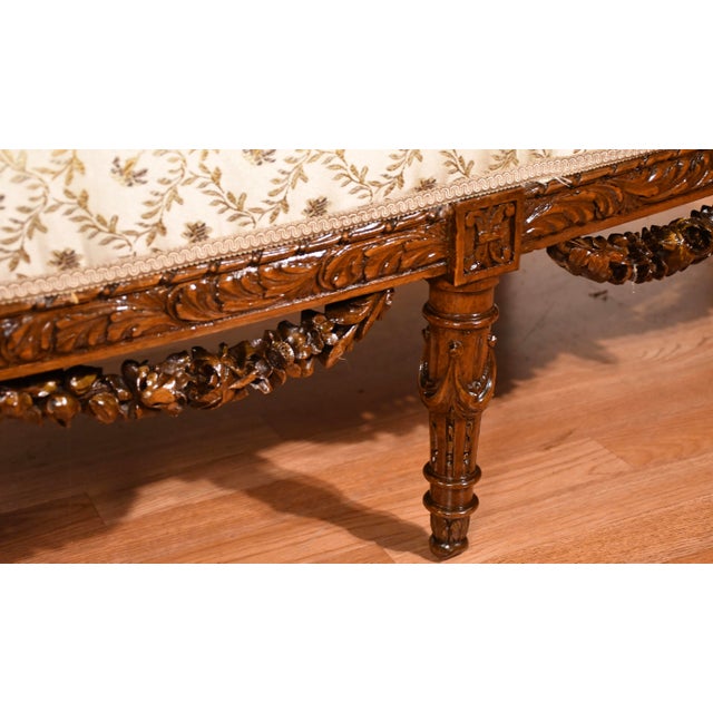 1920s Antique French Carved Walnut Spring-Seat Loveseat Sofa New Upholstery For Sale - Image 10 of 17