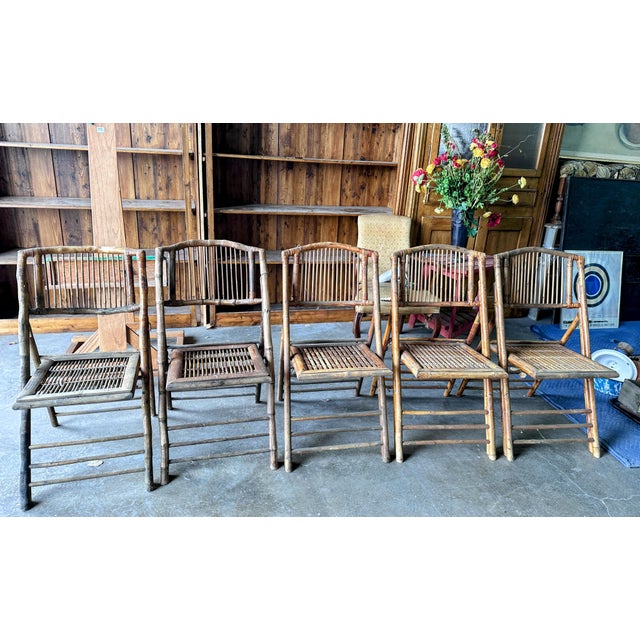Mid-Century Modern Vintage Scorched Bamboo and Rattan Folding Chairs, Set of 5 For Sale - Image 3 of 12