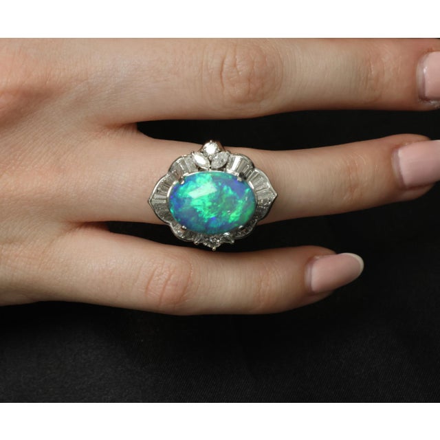Late 20th Century Fine 7.41ct Natural Untreated Black Opal 2.06ct Diamond Platinum Ring Size 6 For Sale - Image 17 of 18