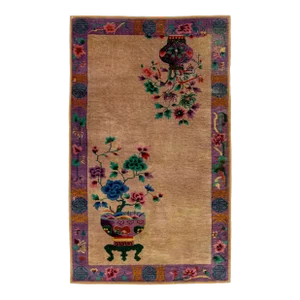 Antique Art Deco Tan and Purple Wool Rug With Classic Chinese Motif 4 X 7