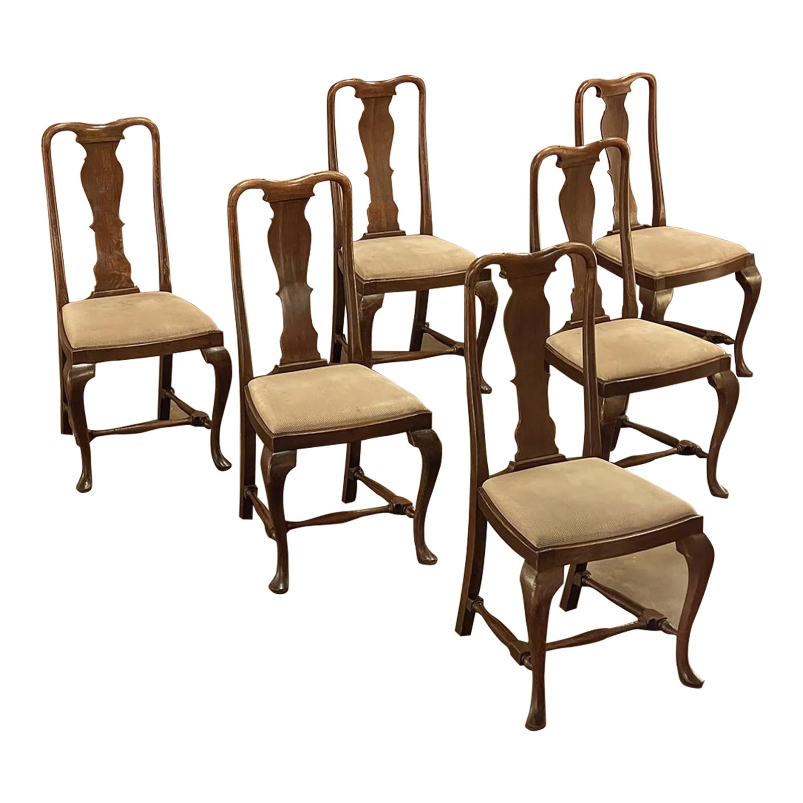 Set of 6 Antique Queen Anne Chestnut Dining Chairs | Chairish
