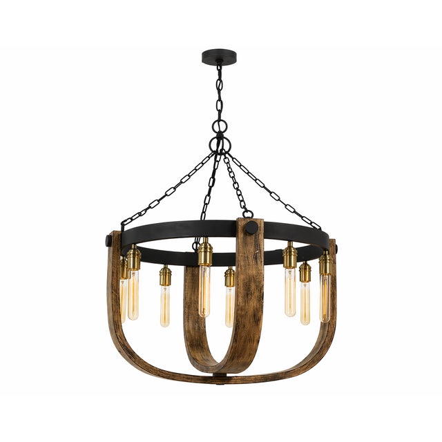 Apulia rustic wood and iron chandelier featuring a 30" round form and eight-light configuration. The combination of...