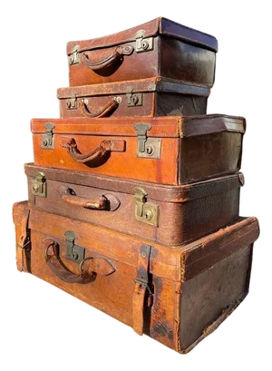 Stacked Set of Five Antique Leather Suitcases or Trunks