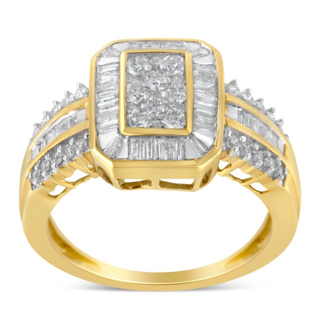 Contemporary 10K Yellow Gold Round and Baguette-Cut Diamond Cocktail Ring (1.0 Cttw, H-I Color, SI2-I1 Clarity) - Size 7 For Sale - Image 3 of 7