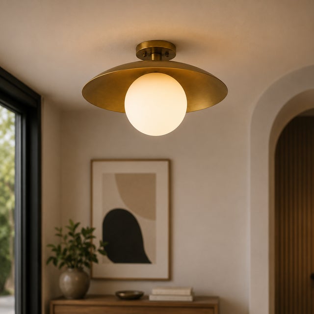 Handcrafted Solid Brass Flush Mount Ceiling Light With Opal Glass Globe For Sale - Image 6 of 9