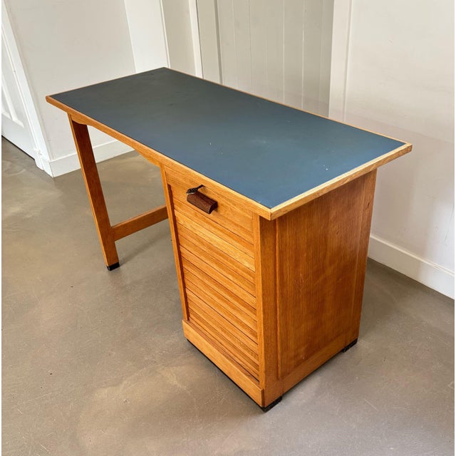 Teal Art Deco Amsterdamse School Desk, the Netherlands, 1950s For Sale - Image 8 of 10