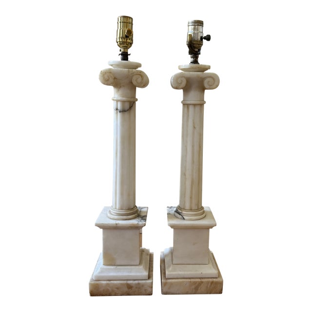 Vintage Alabaster Column Lamp Pair For Sale