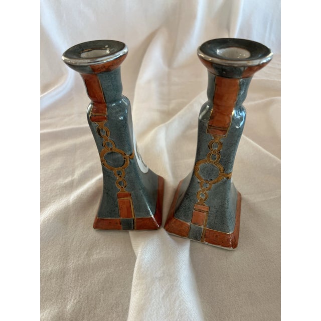 Equestrian Candlesticks in Burnt Orange and Gray a Pair For Sale - Image 4 of 4