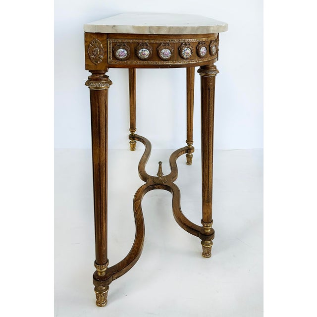 Wood 1970s Louis XVI Marble Top Console Table, Gilt Bronze, Porcelain Hand-Painted Plaques For Sale - Image 7 of 14
