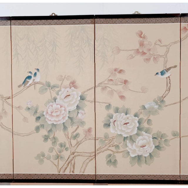 1960s 1960s Japanese Byobu "Blue Birds White Flowers" 4-Panel Folding Screen Very Good + For Sale - Image 5 of 12