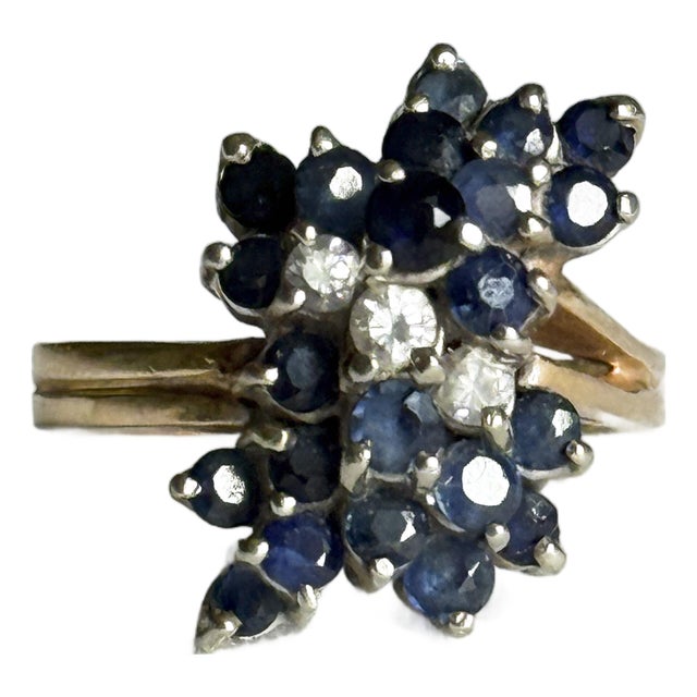 Vintage 14k Yellow Gold Victorian Revival Sapphire & Diamond Waterfall Cluster Ring, Size 7.25 For Sale
