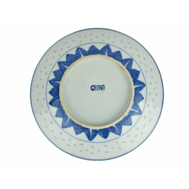 Blue Early 20th Century Antique Hand Painted Chinese Blue and White Porcelain Plate With Rice-Grain Pattern For Sale - Image 8 of 8