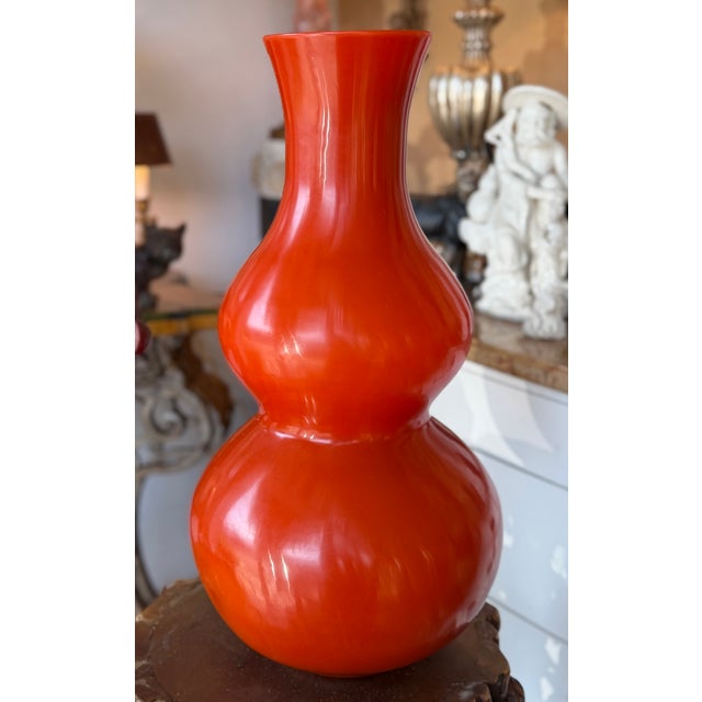 Chinese Huge 21” Orange Double Gourd Chinese Peking Glass Vase For Sale - Image 3 of 4