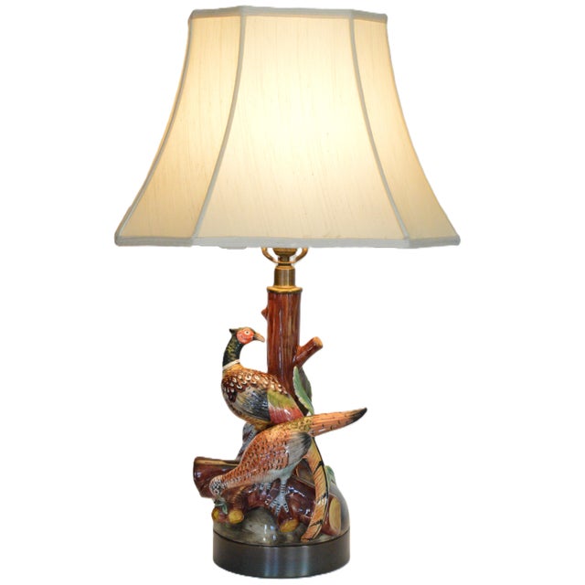French Majolica Jerome Massier Vallauris Attribute Earthenware Painted Pheasant Table Lamp. Beautiful perched pheasants on...