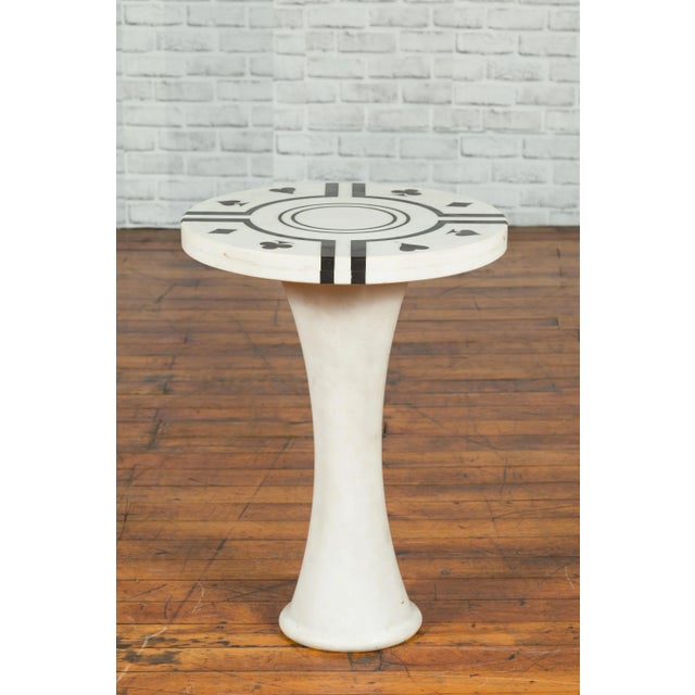Mid 20th Century White Marble Side Table with Poker Design Round Top and Pedestal Hourglass Base For Sale - Image 5 of 10